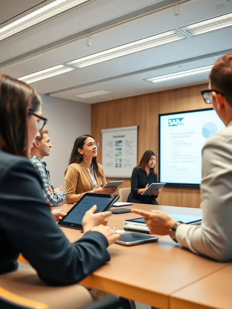 Modern classroom with professionals engaged in SAP training.