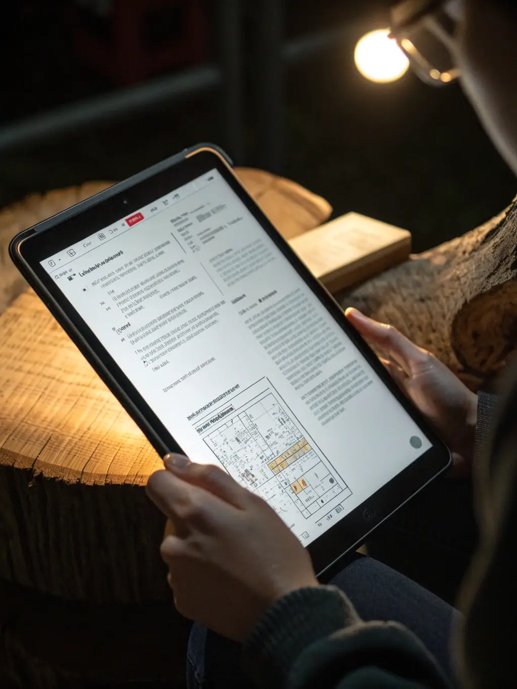 A close-up of hands using a tablet to configure SAP BTP (Business Technology Platform) integrations, with code and workflow diagrams visible on the screen.
