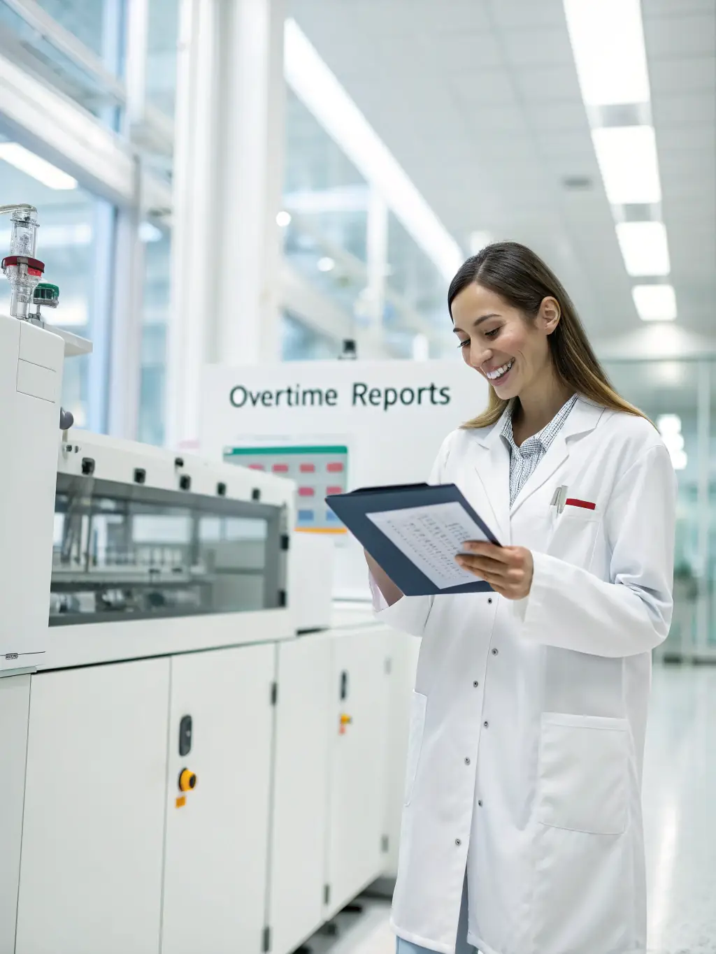 A quality manager in a white lab coat reviewing SAP QM (Quality Management) reports on a laptop, surrounded by manufacturing equipment.