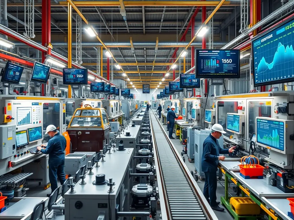 A modern manufacturing plant with digital dashboards and SAP S/4HANA interfaces visible on large screens, engineers collaborating on tablets, and automated machinery in the background, representing advanced SAP integration in industrial operations.