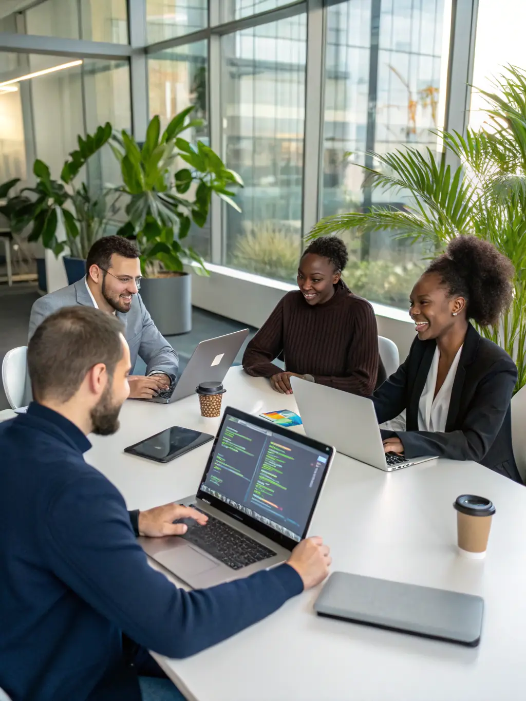 A group of diverse professionals collaborating around laptops, engaging in an interactive AI workshop, with visualizations of AI algorithms projected on a screen. This image will illustrate JGM Academy's AI upskilling workshops.