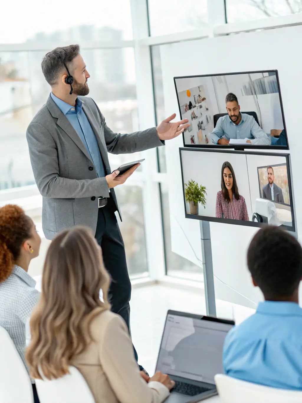 A virtual learning environment with participants joining remotely, interactive dashboards on their screens, and a facilitator leading a live online session. This image will represent JGM Academy's remote learning options.