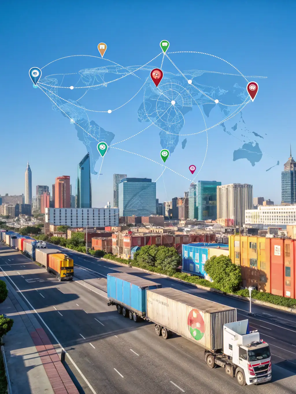 A fleet of connected delivery trucks on a digital map, with AI-driven route optimization overlays and predictive maintenance alerts, in a sleek, professional color palette for SmartFleet.