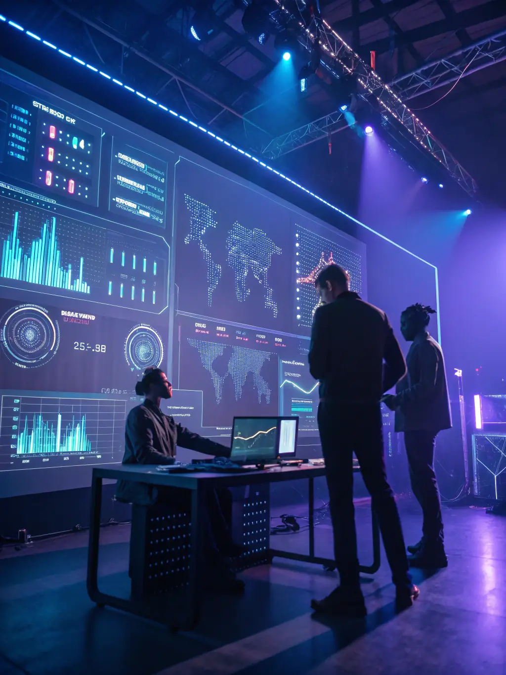 A futuristic planning room with digital screens displaying predictive analytics, supply chain flows, and AI-driven scheduling for industrial production.