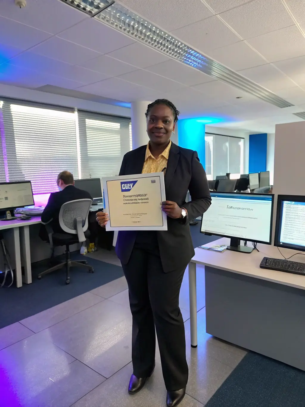 A professional proudly holding a digital certificate, with a background of a virtual classroom and certification icons, symbolizing achievement. This image will be used to highlight JGM Academy's certification programs.