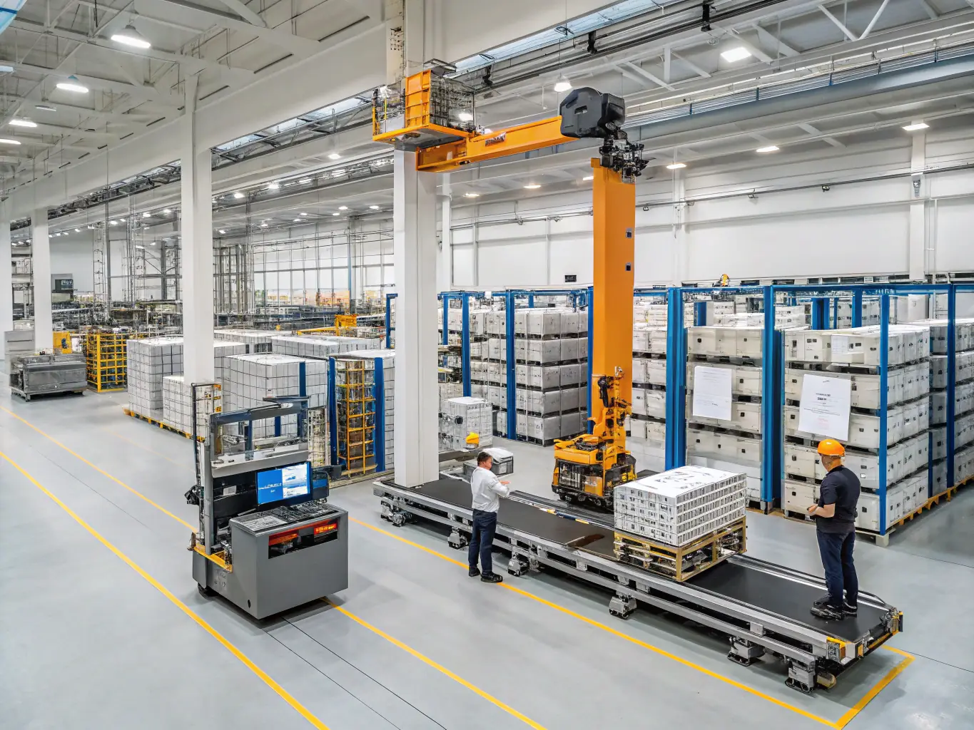 A busy logistics hub with automated warehouses, SAP TM and WM dashboards on monitors, forklifts moving goods, and staff using mobile devices, showcasing streamlined logistics powered by SAP solutions.