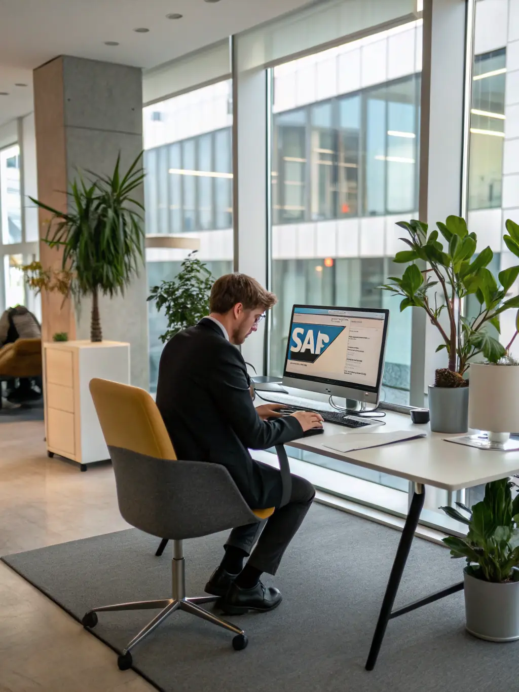 A confident SAP consultant in a modern office, pointing at a digital dashboard displaying SAP S/4HANA analytics, with a client observing and discussing process improvements.