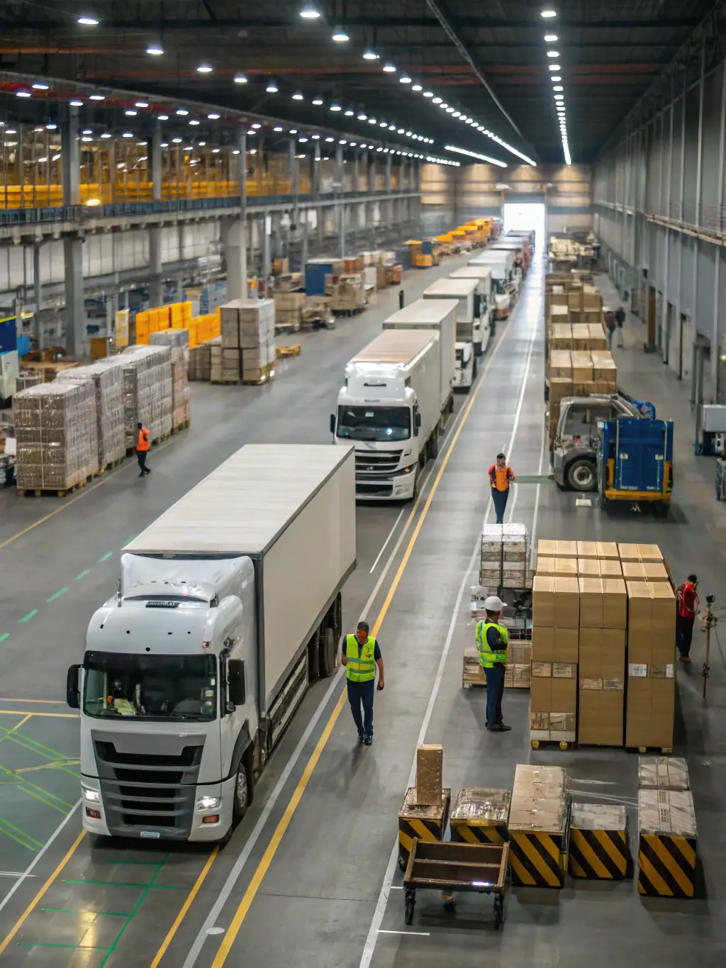 A fleet of autonomous delivery trucks equipped with sensors and AI navigation, moving efficiently through a logistics hub under a clear sky.