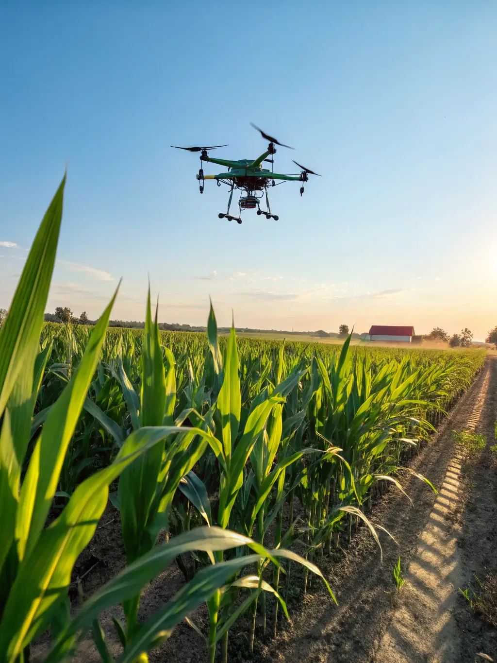 A lush agricultural field with drones and AI sensors monitoring crop health, with a digital overlay showing real-time data analytics.
