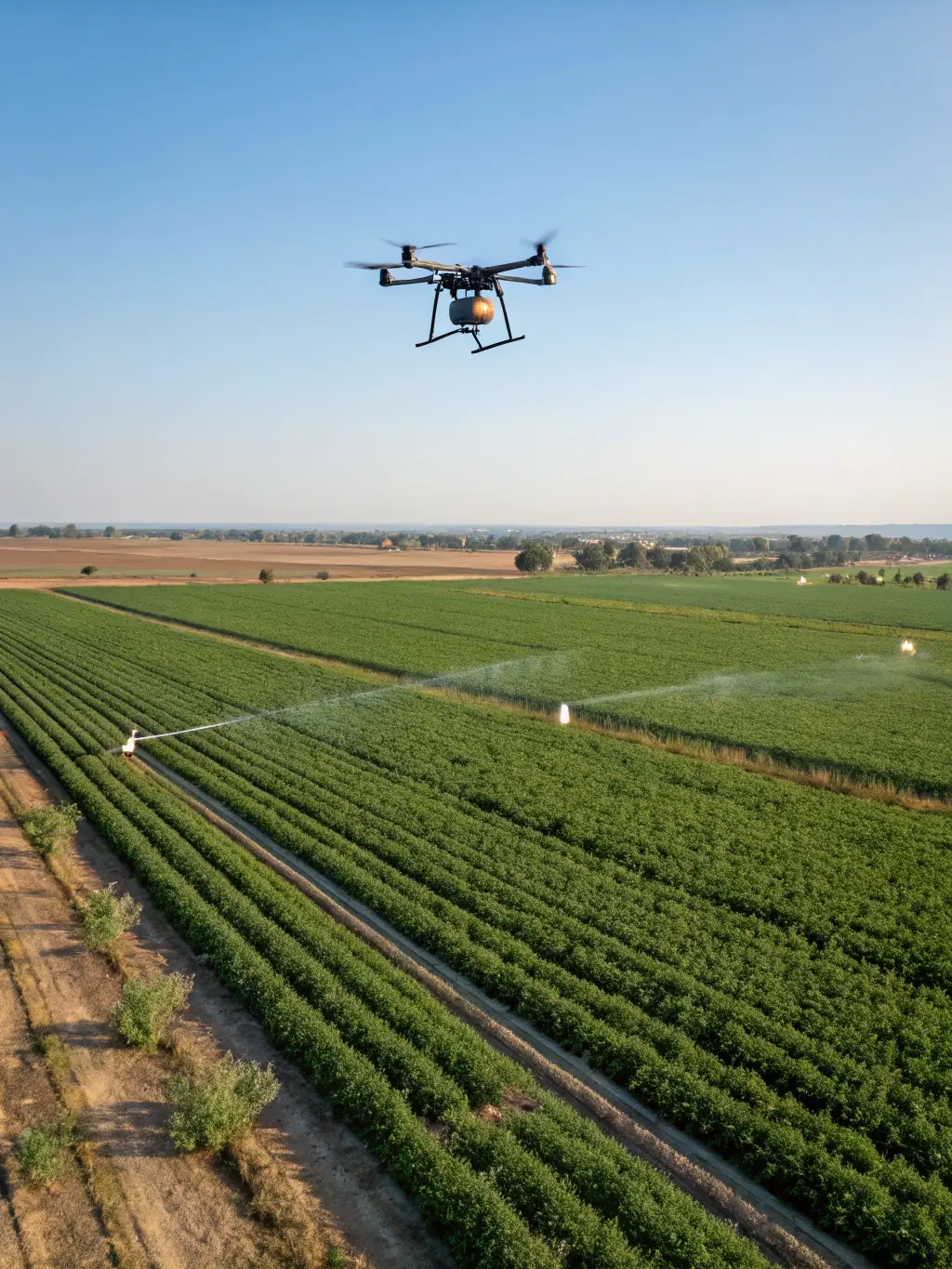 Aerial view of a digitalized farm with sensor data overlays, crop health analytics, and autonomous machinery, in vibrant greens and blues, illustrating AgroLog AI for agribusiness.