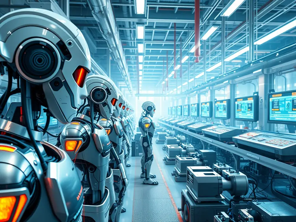A futuristic industrial setting with autonomous AI robots and digital analytics overlays, visualizing a 40% increase in operational efficiency due to AI automation implemented by JGM Consultancy Technology.