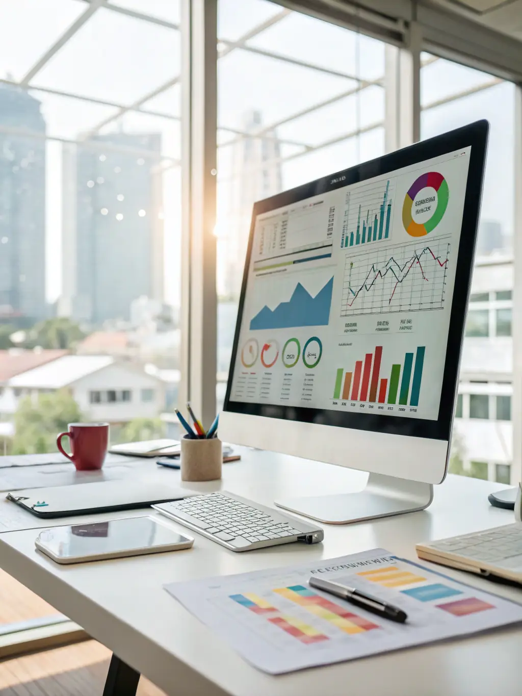 A planning board with AI-generated demand forecasts, supply chain graphs, and scenario simulations, all in a clean, corporate design, representing SmartPlanning for business strategy.