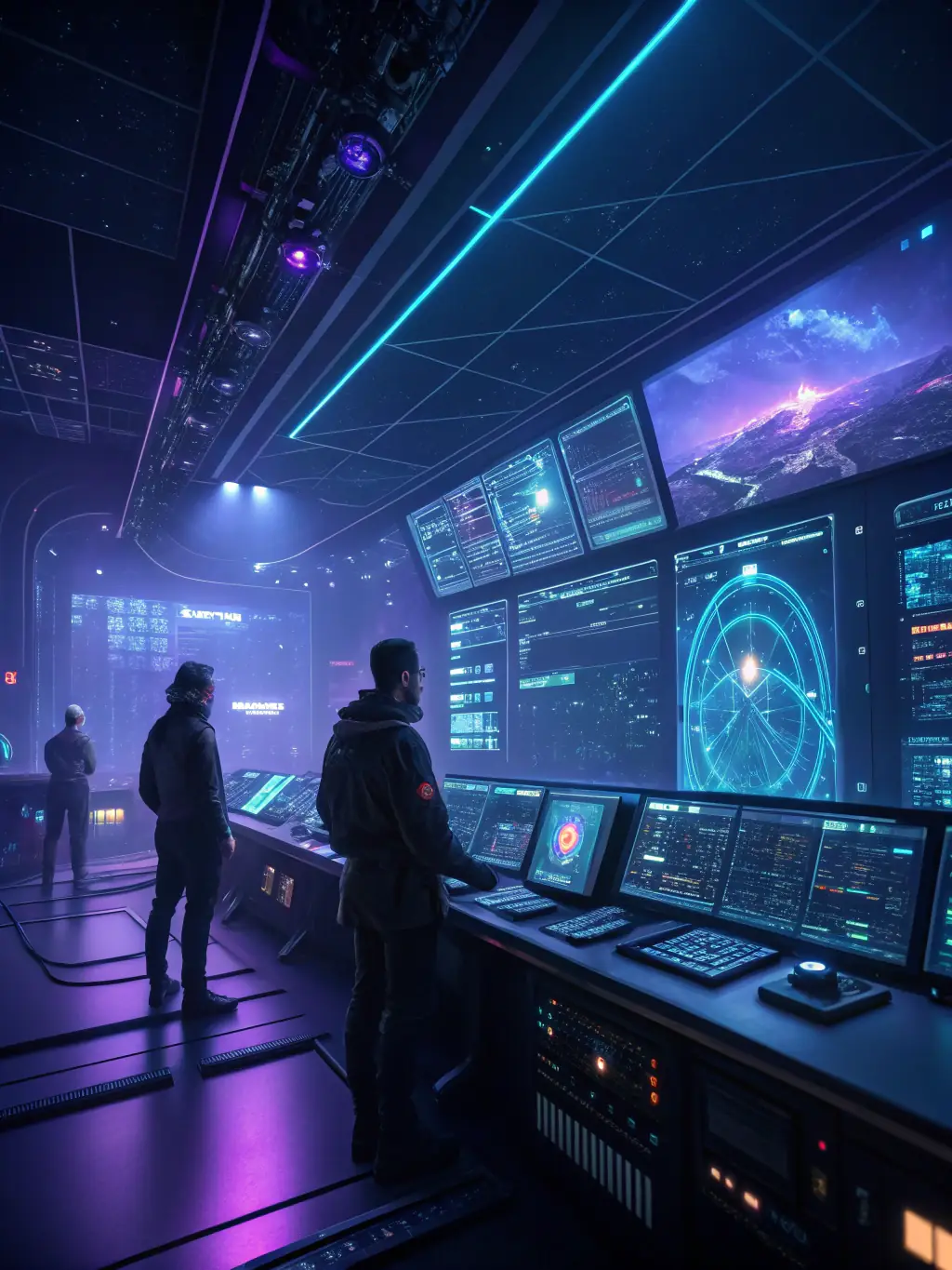 A modern industrial control room with digital dashboards and an AI assistant analyzing operational data, representing AuditOps AI in a high-tech manufacturing environment.